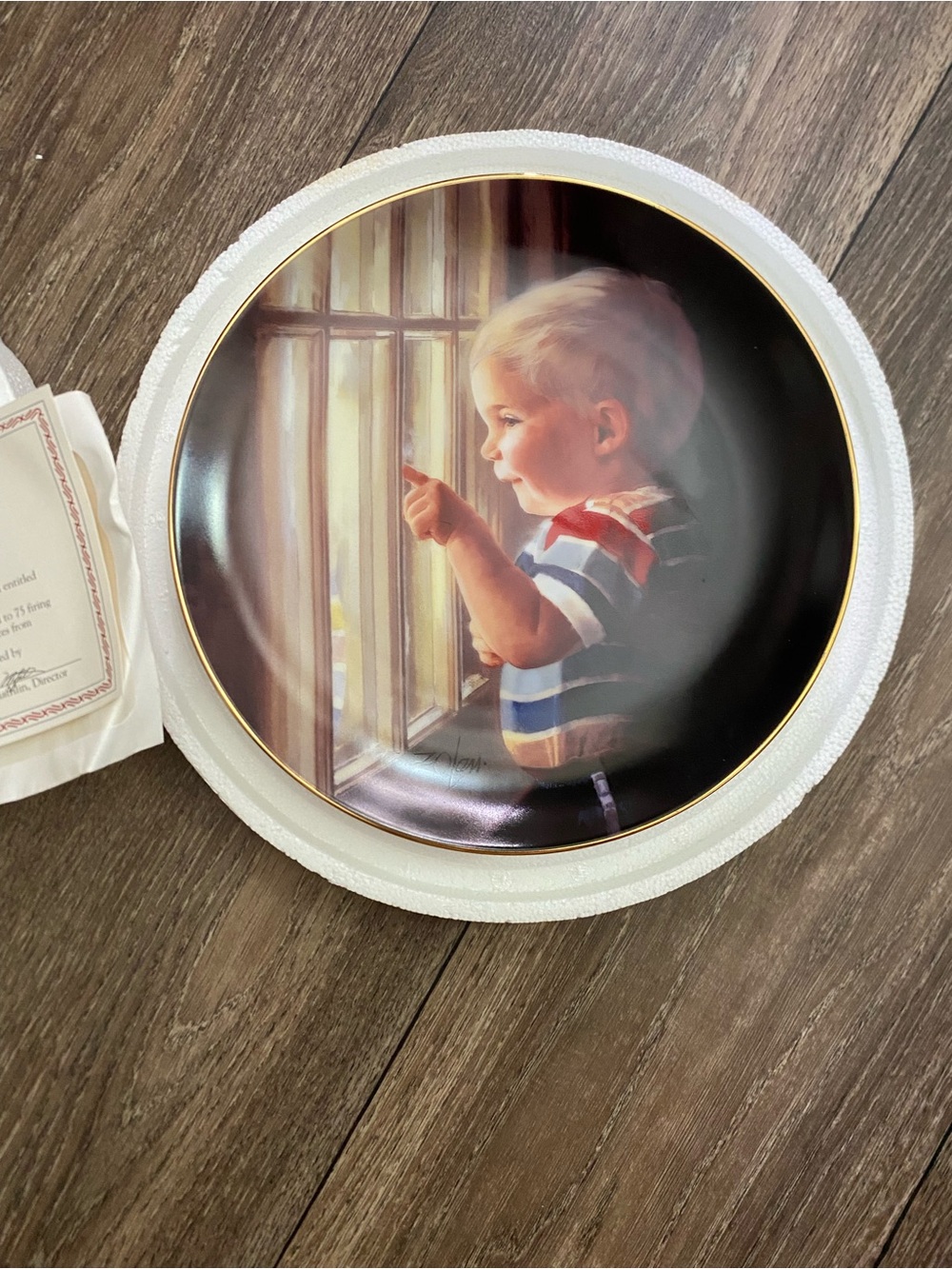 Collectible Decorative Plate Featuring Boy at Window - Daddy’s Home